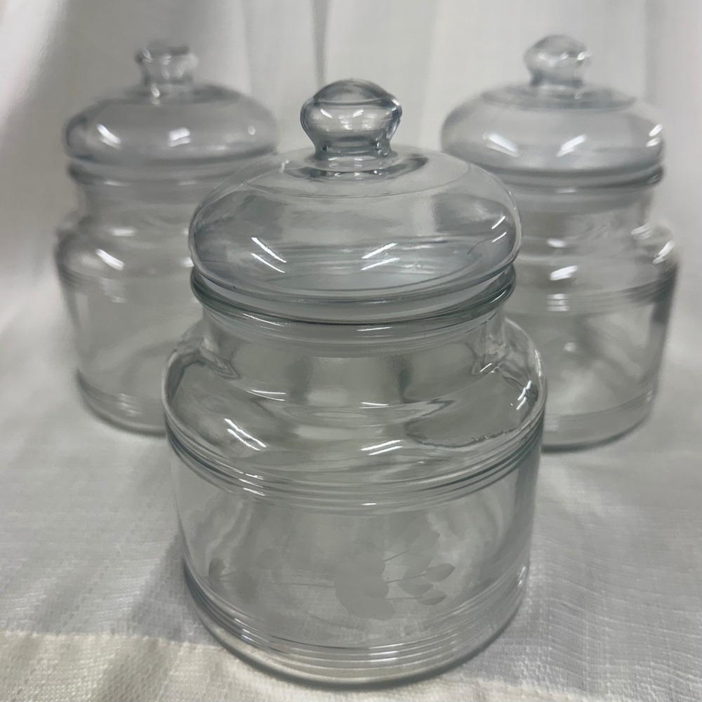 Set of 3 Etched Floral Clear Glass Apothecary Jars with Lids Vintage Style